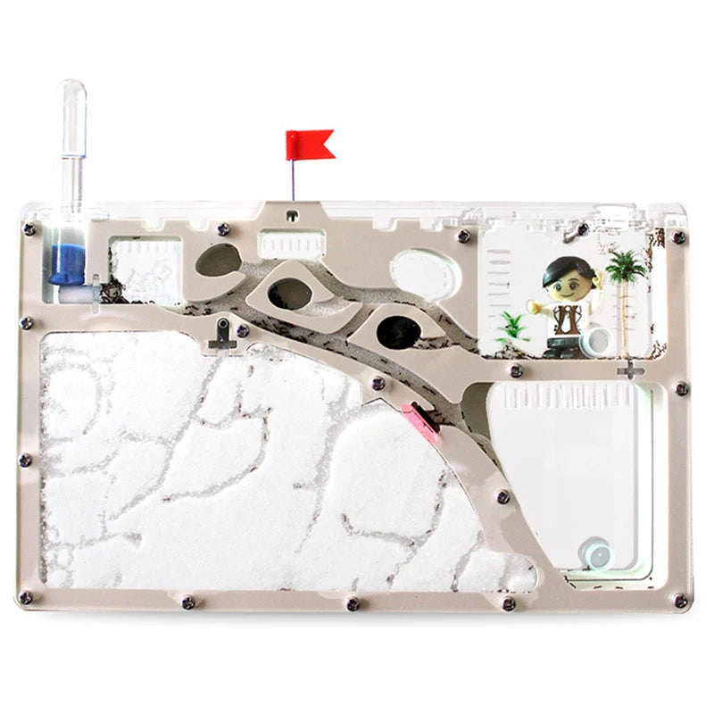 Glass ant castle kit contents: nest, sand, tools, and decorative plant included
