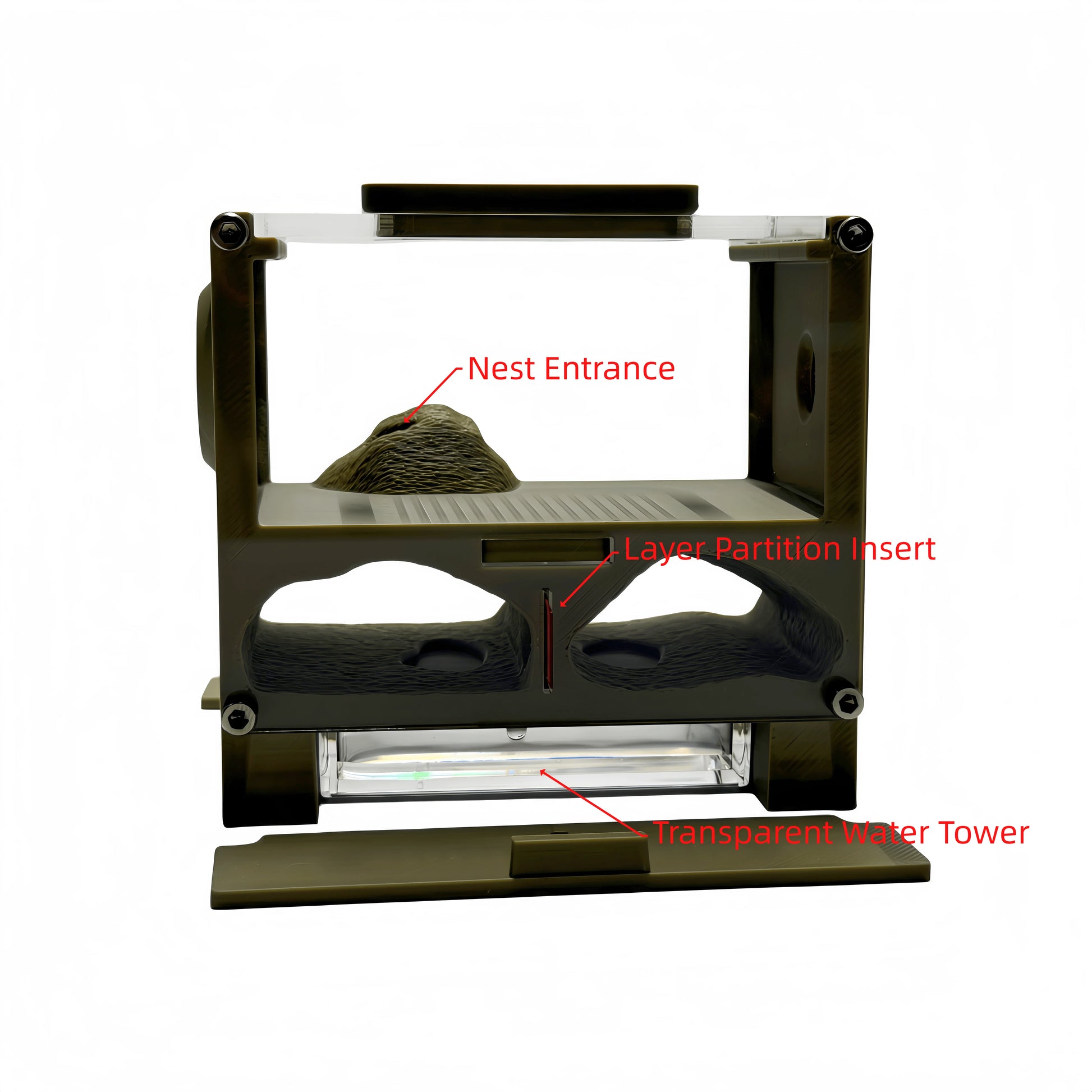 Vertical gallery layout of the EXOPETO 3D printed formicarium showing through-type tunnel structure