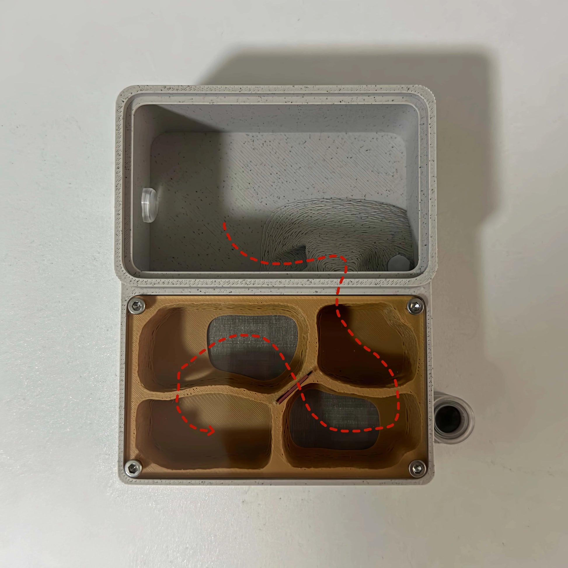 Humid water supply reservoir integrated into the EXOPETO PLA ant nest body