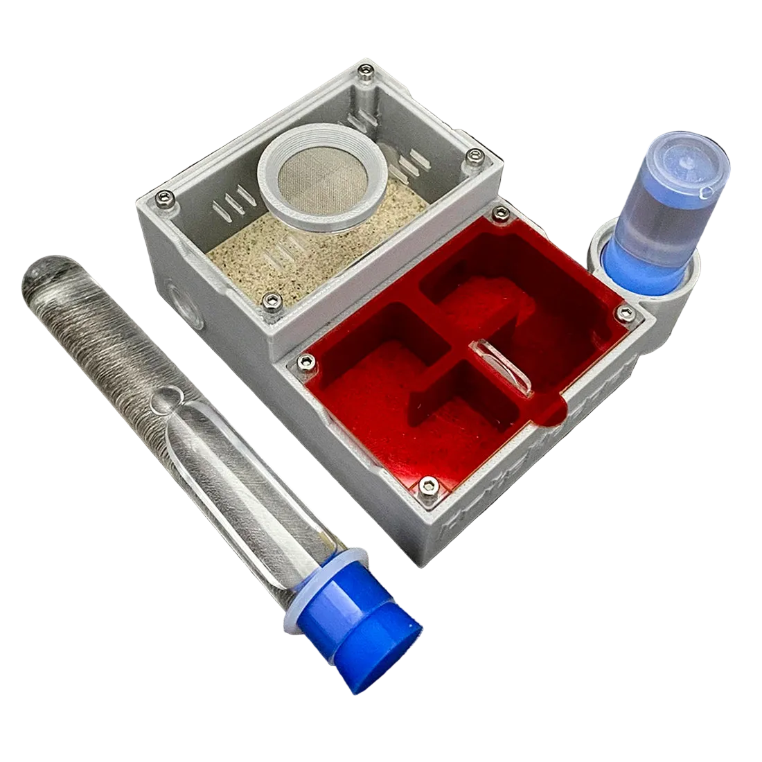 AntsKeeper ant farm four-chamber layout detail showing internal room dividers and moisture tube port