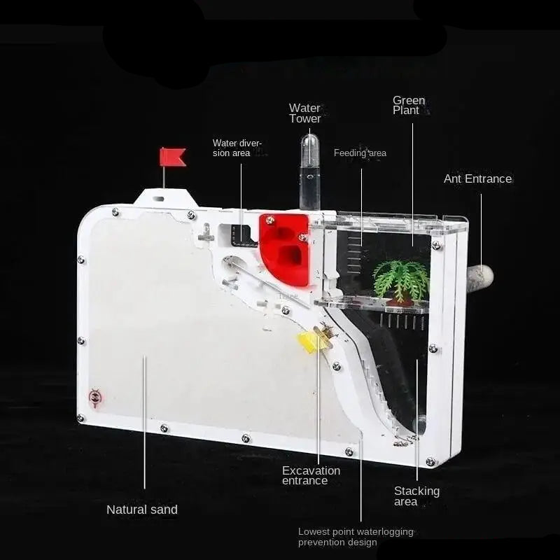 DIY acrylic ant studio assembly detail showing panel joints and water tower connection