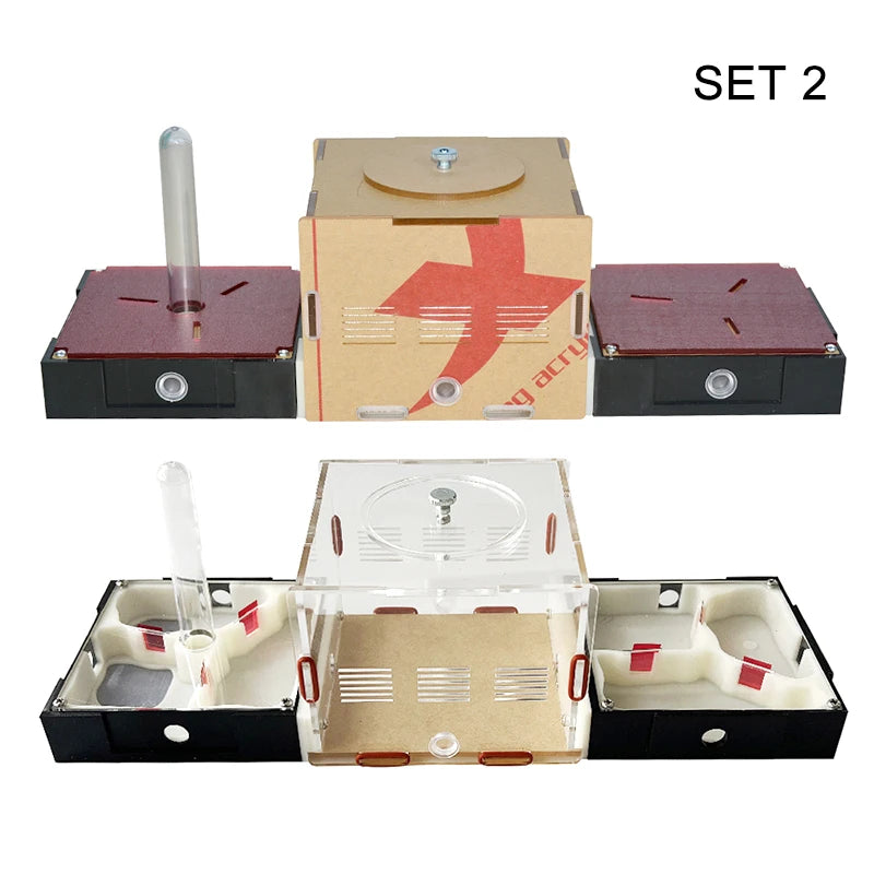 Acrylic ant farm set contents laid out: nest module, feeding area, water tower, connectors