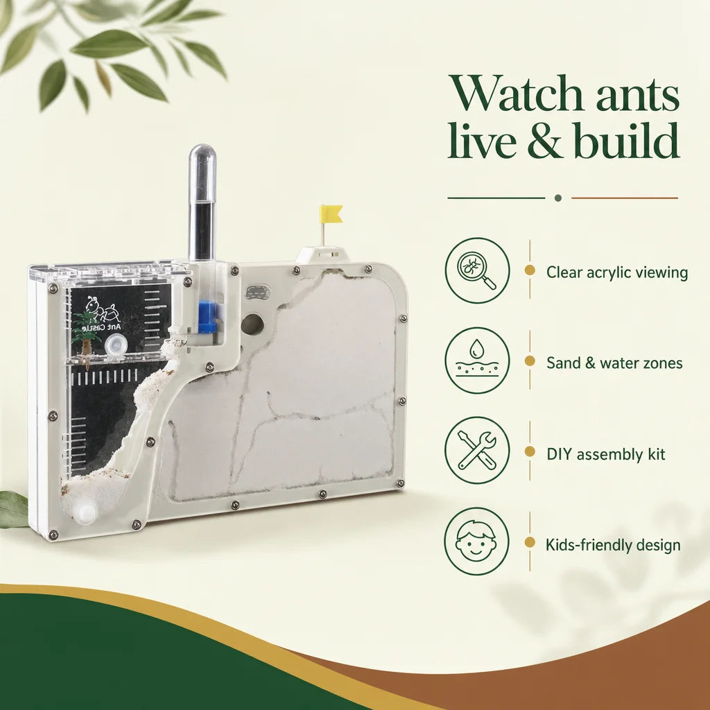 Key benefits of the acrylic ant villa: clear panels, water tower humidity control, sand included