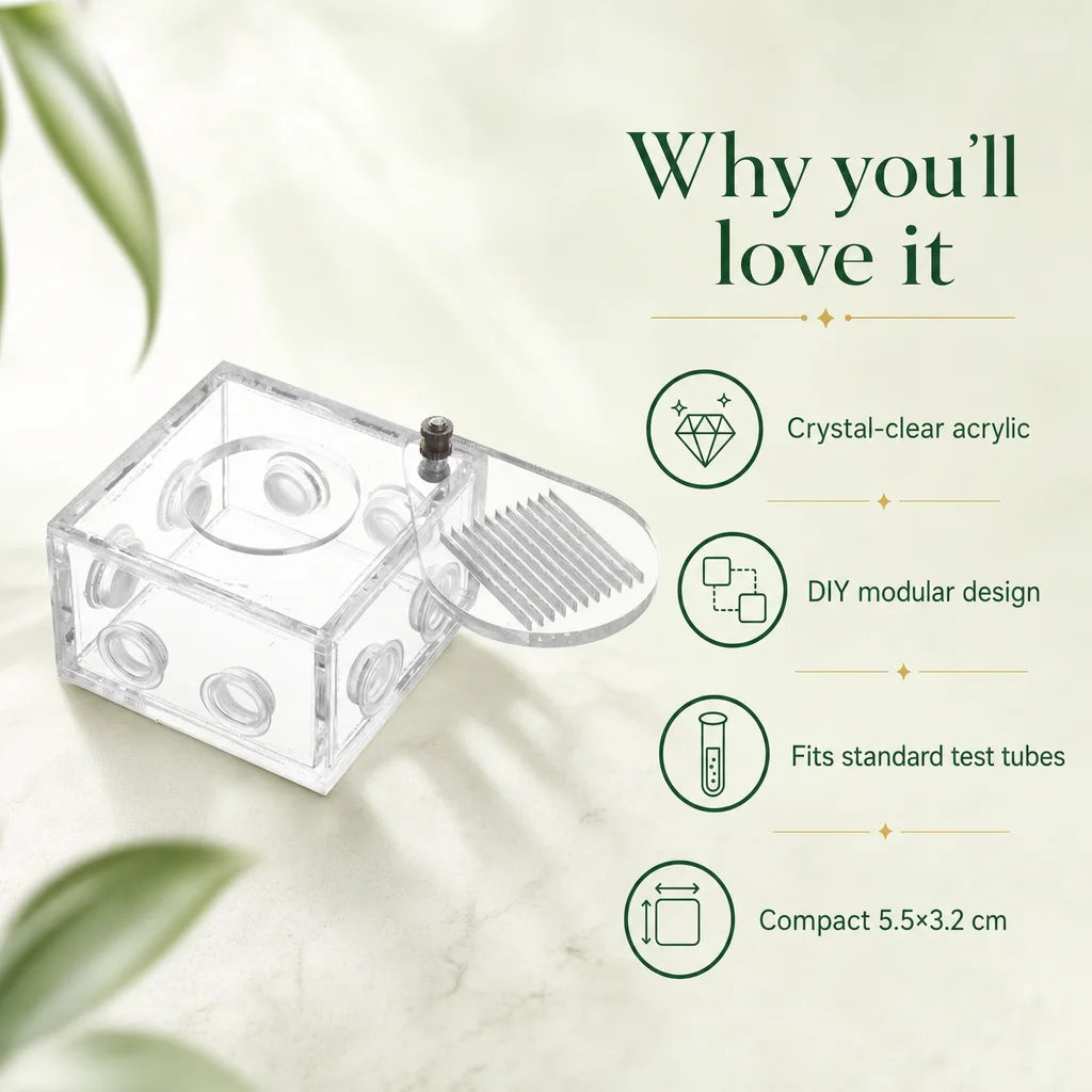 Key benefits of acrylic ant outworld: clear walls, direct test tube connection, compact size