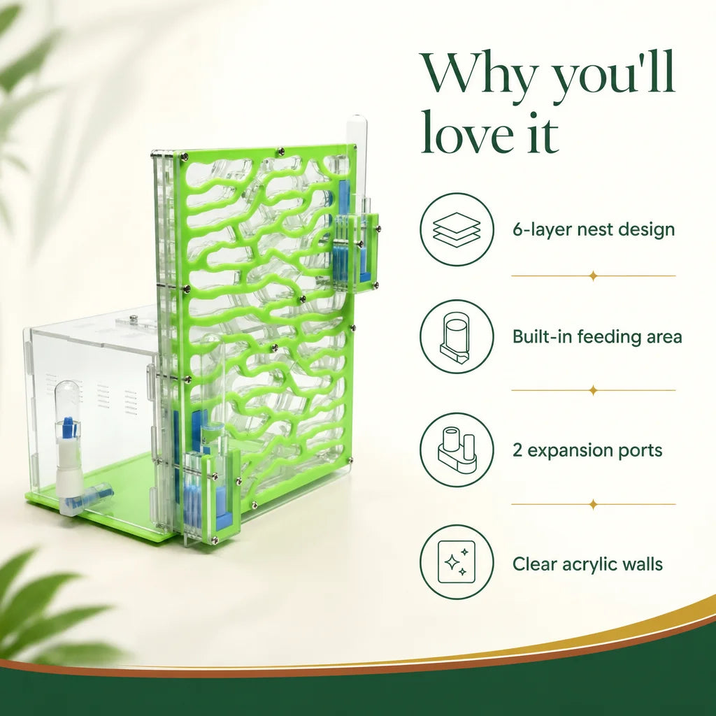 Key benefits of the large acrylic ant farm: hydration towers, expansion ports, and nest chambers
