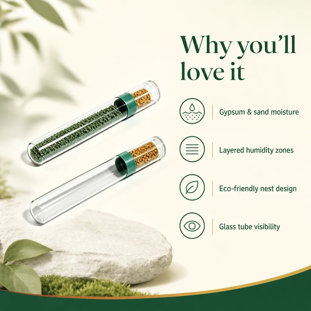Key benefits of plaster ant test tube: humidity retention, textured lining, light-blocking floor