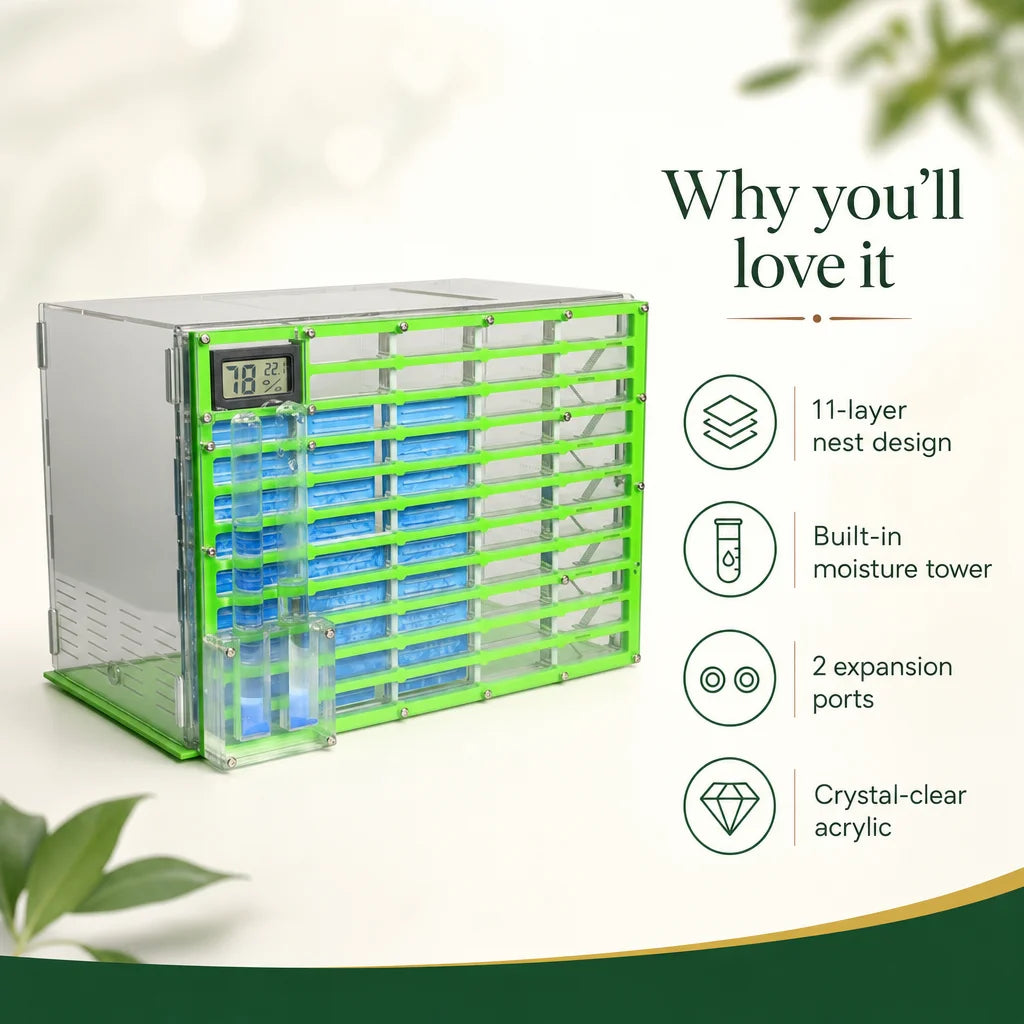 Key benefits of the King Size acrylic ant farm: 11 chambers, water towers, expansion ports