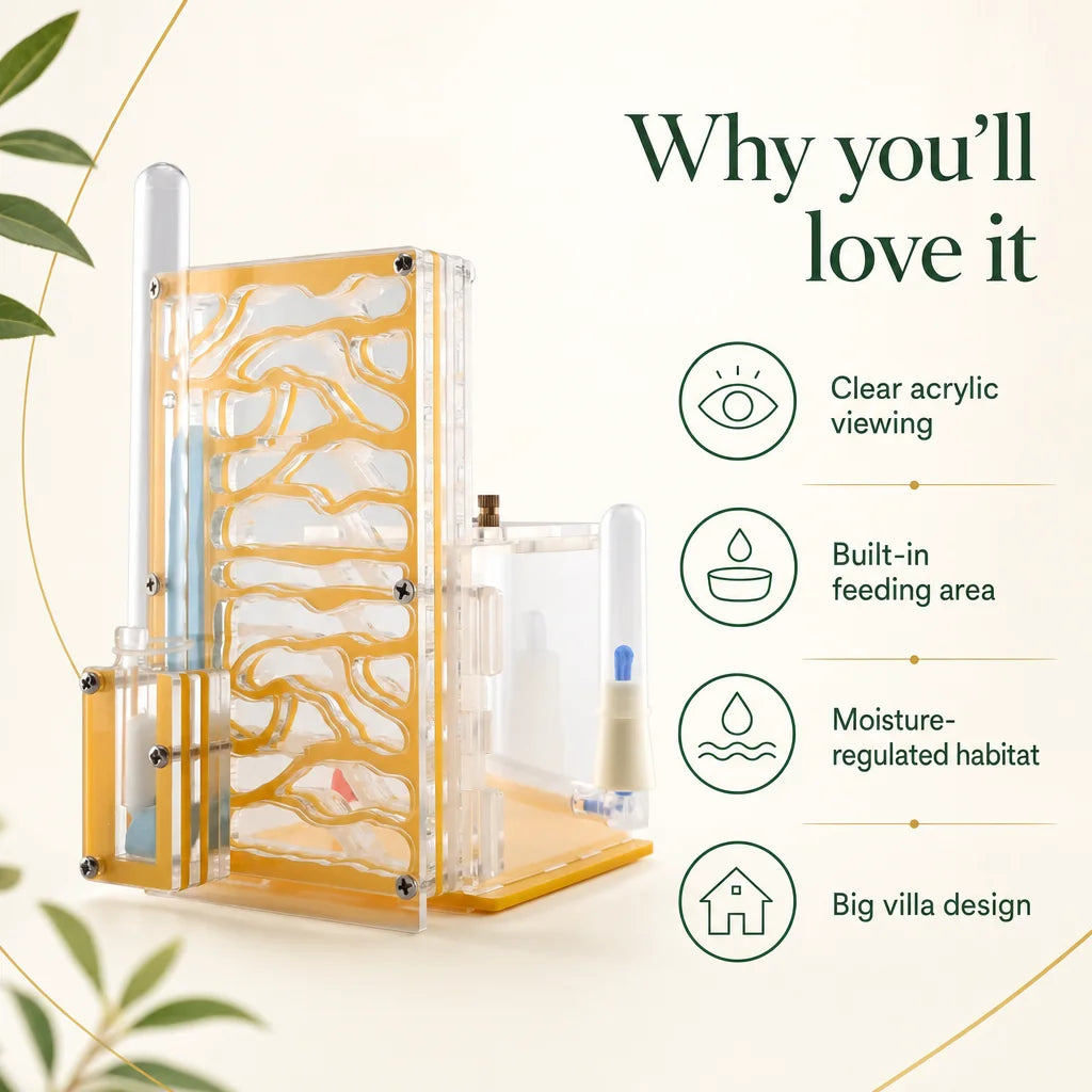 Acrylic ant farm villa key benefits: moisture chamber, feeding area, clear panels