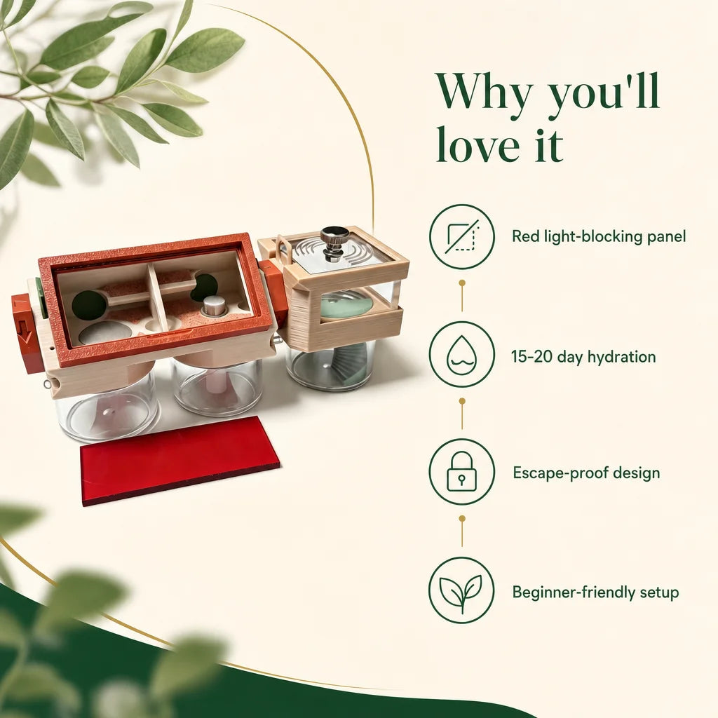 Key benefits of the 3D queen ant breeding nest: passive hydration, red panel, escape-proof ports