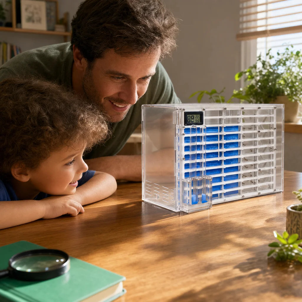 Large acrylic ant farm in use with active ant colony visible through clear panels