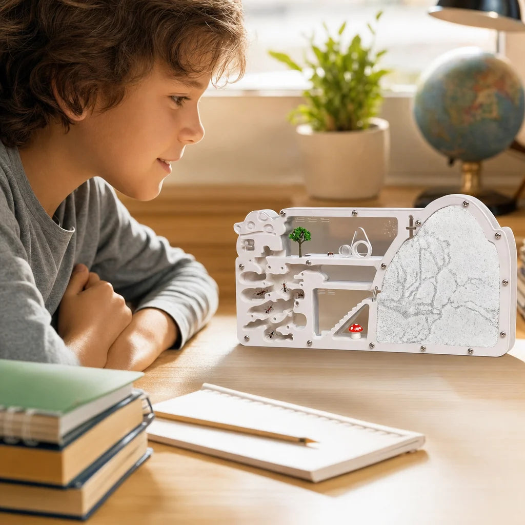 Ant farm castle kit on a desk with live Lasius niger colony inside