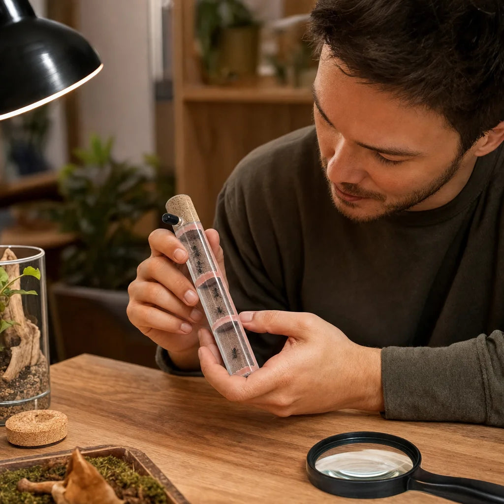 Bamboo test tube ant nest in use as a founding setup for a queen ant colony