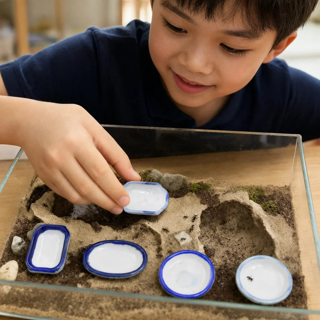 ceramic ant nest feeder in use inside acrylic ant farm outworld chamber