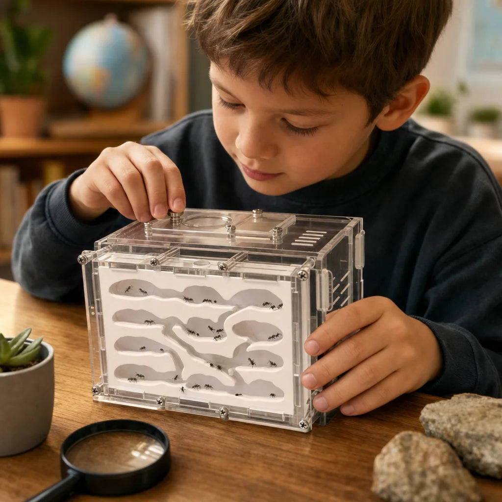 Child assembling acrylic ant farm plaster nest on desk, educational toy in use