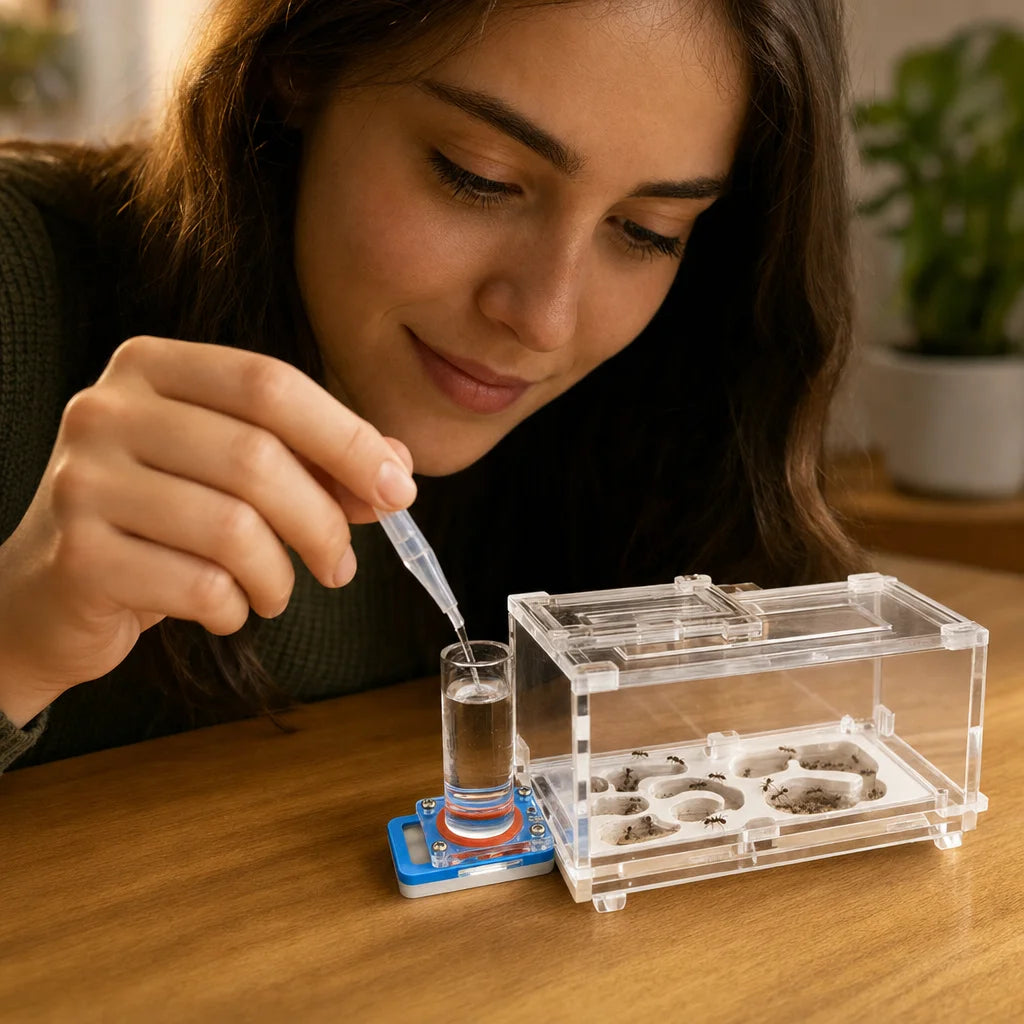 Ant farm water feeder placed in outworld with Lasius niger workers drinking