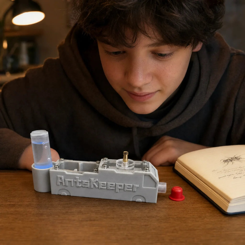 Truck ant farm in use on a desk - beginner ant keeper setup with founding colony