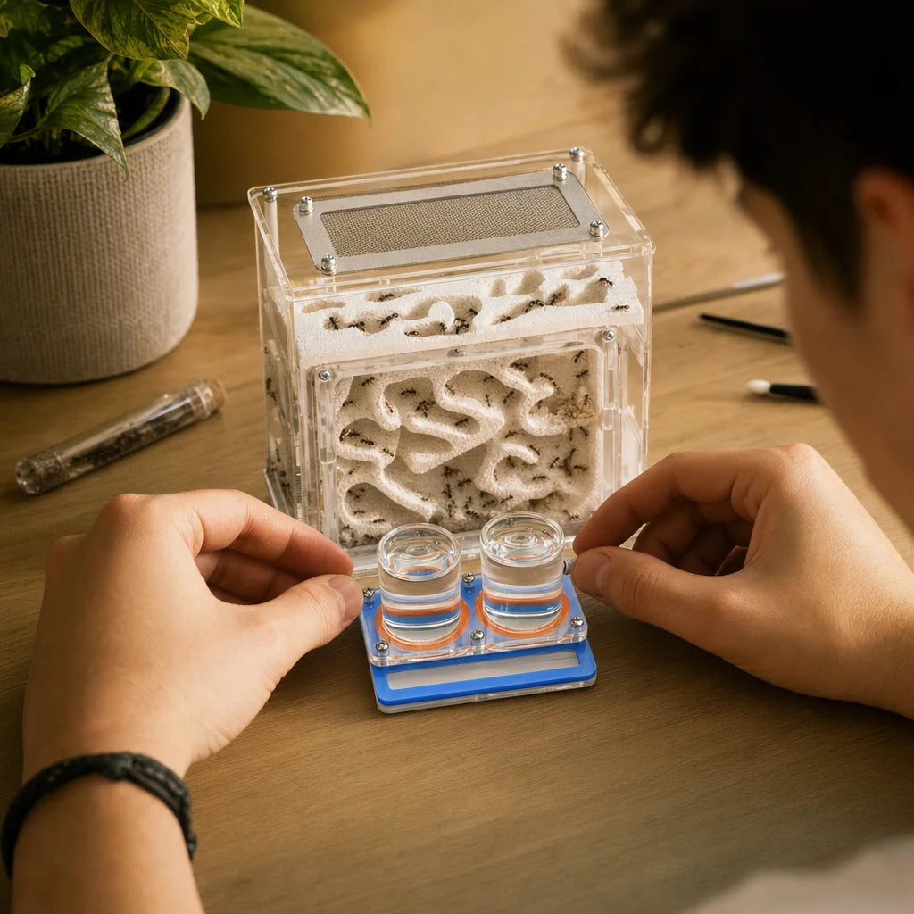 Dual tower ant farm water feeder connected to acrylic formicarium in a live colony setup