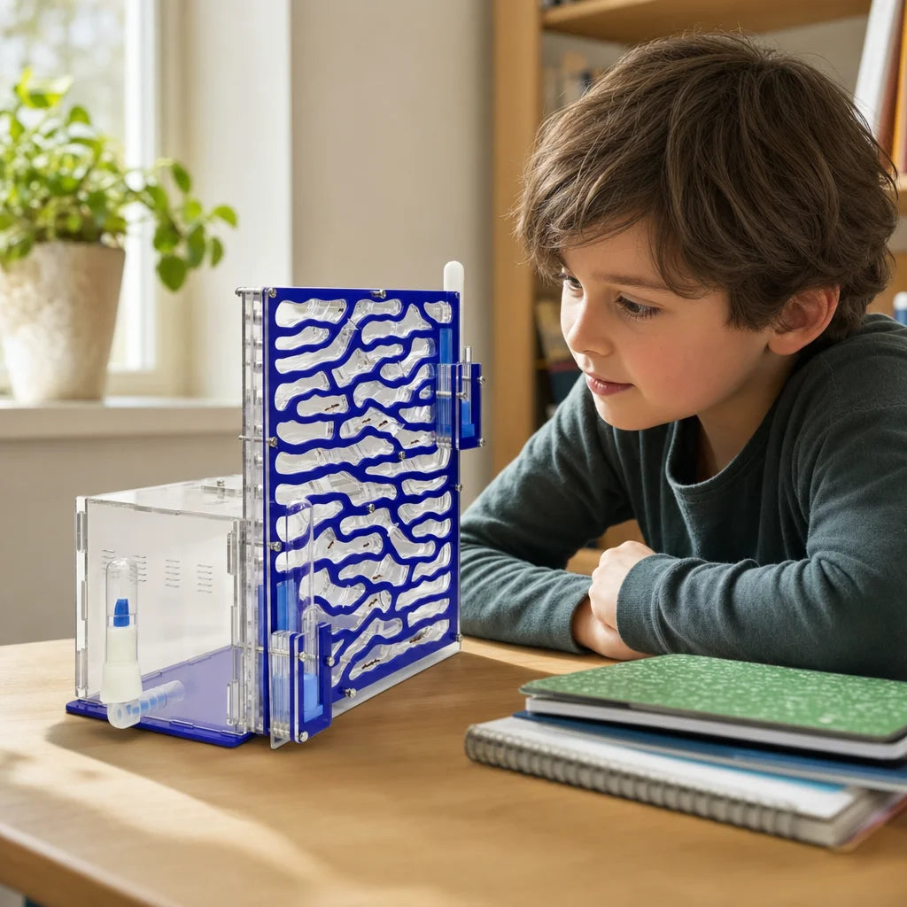 Large acrylic ant farm in use with active ant colony visible through clear panels