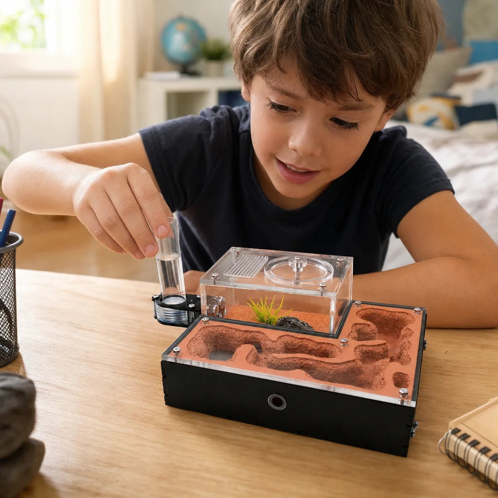 Gypsum ant farm mini CC in use on a desk with active ant colony visible through acrylic panels