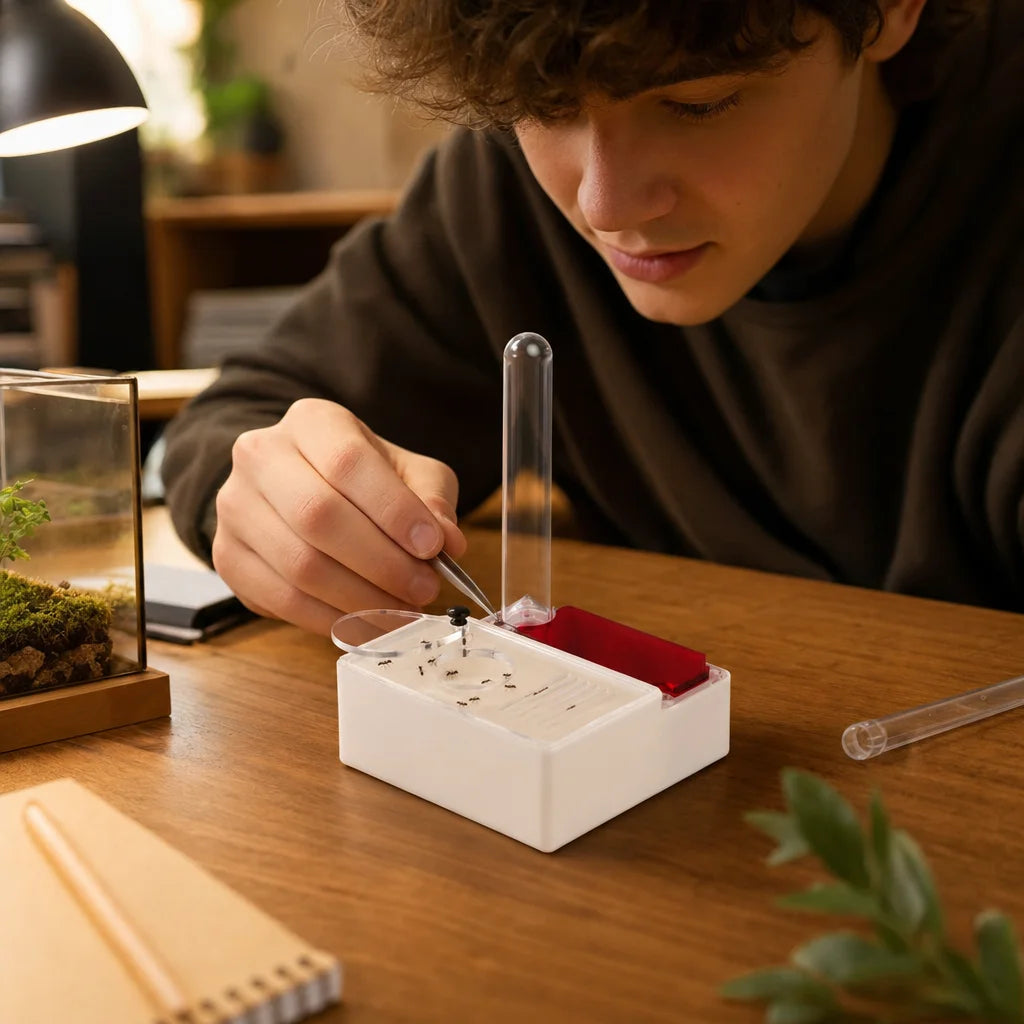 3D printed ant farm nest in use with Lasius niger founding queen inside compact PLA formicarium