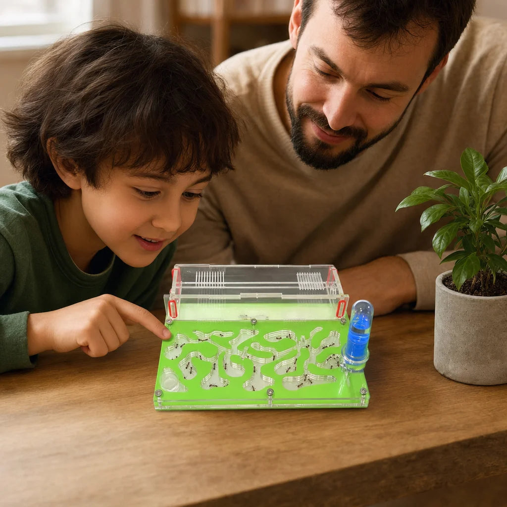 Acrylic ant farm moisture nest in use with founding queen and first workers