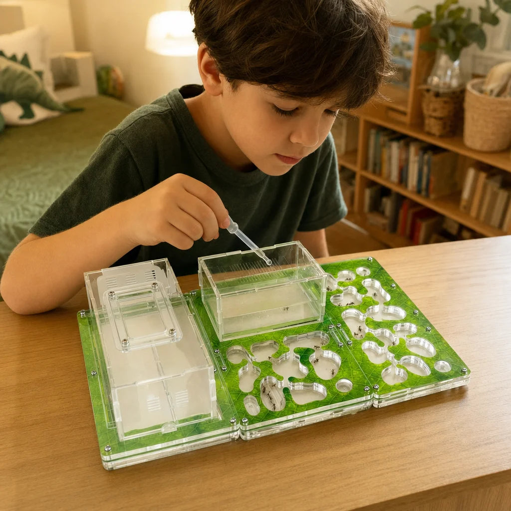 Expanding ant farm formicarium in use with active ant colony inside concrete chamber