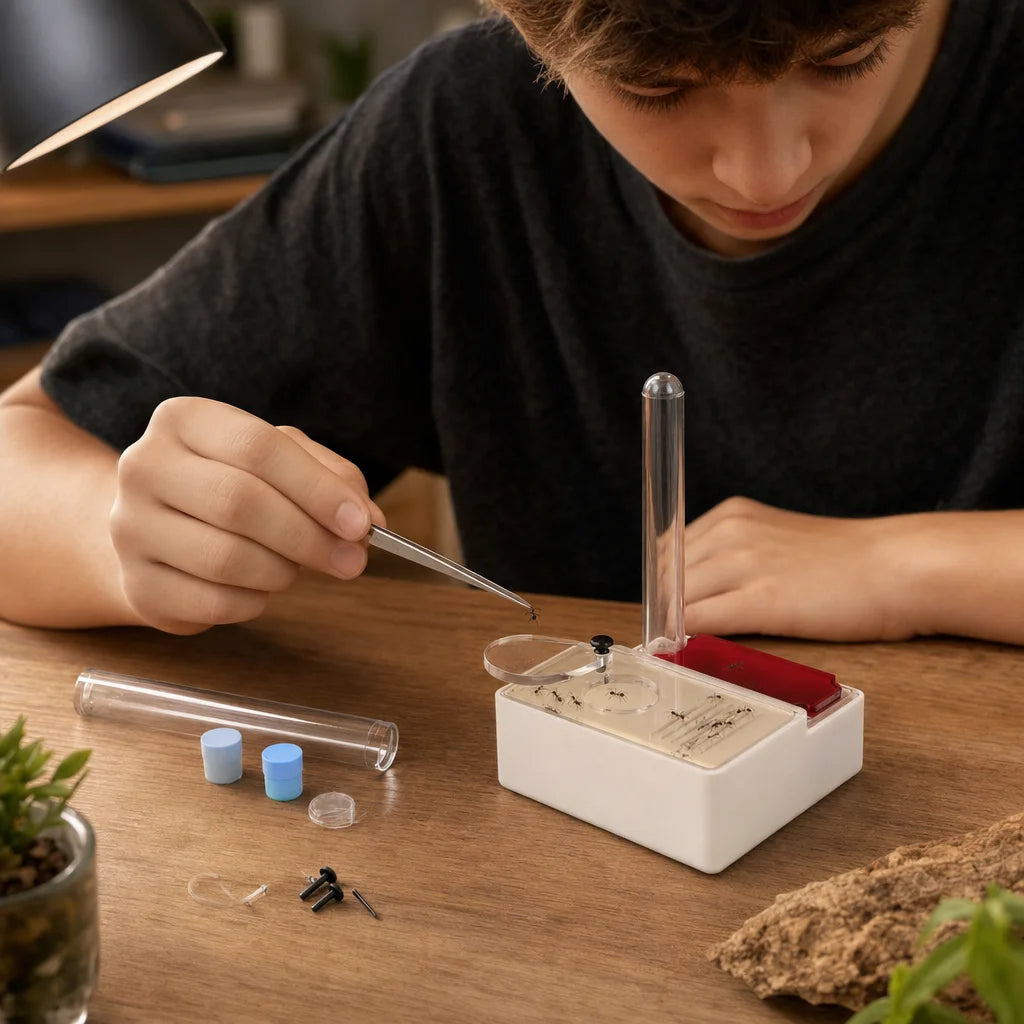 3D printed ant farm nest in use with founding queen ant inside chamber, lifestyle setup