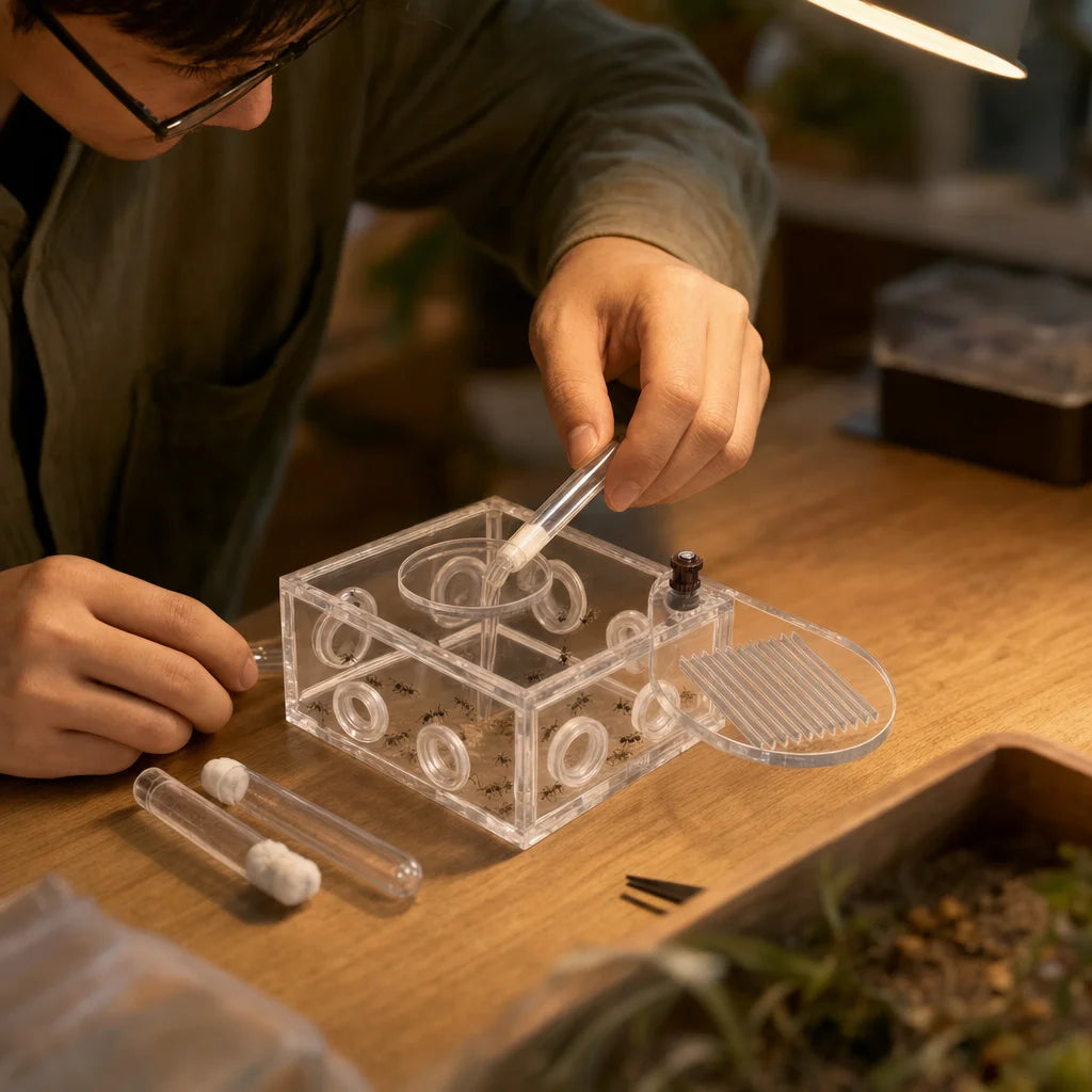 Acrylic ant activity area in use with active Lasius colony foraging inside