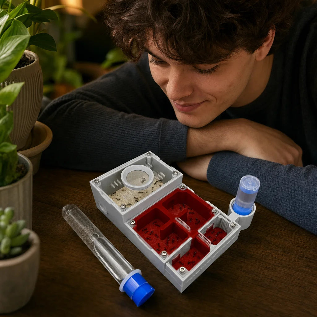 AntsKeeper 4-room ant nest in use on a desk with an active Lasius colony foraging in the activity area
