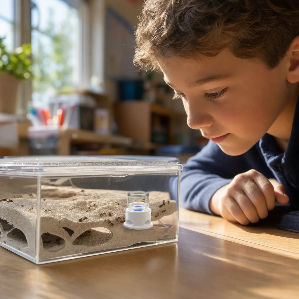 Ant water feeder placed inside a formicarium outworld tray with workers drinking safely