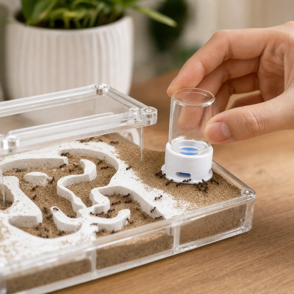 Ant farm water feeder placed in formicarium outworld with Lasius colony foraging nearby
