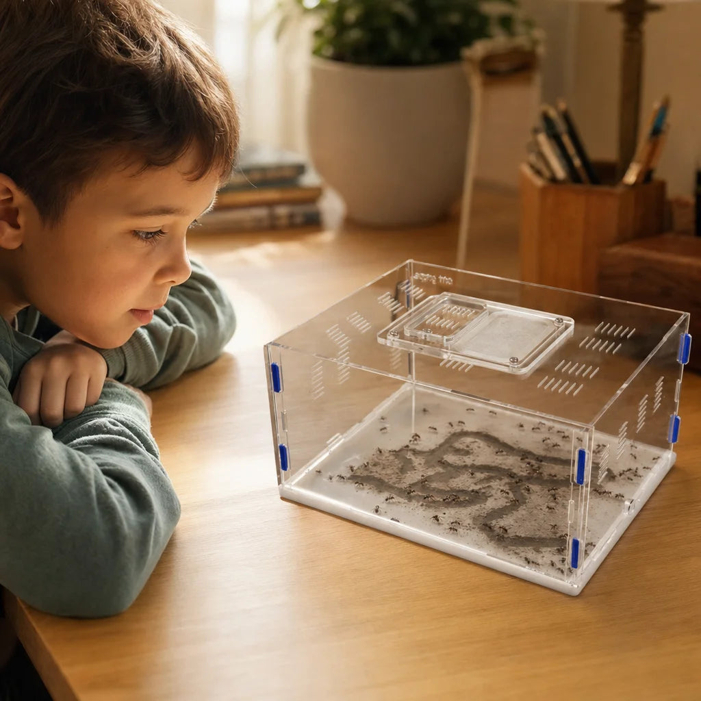 Grape Series XL acrylic ant nest in use on a keeper's desk setup