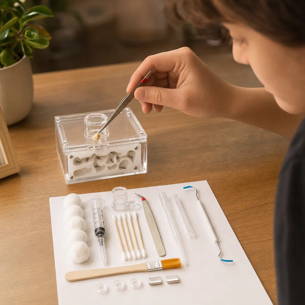 Beginner ant keeper using curved tweezers and syringe with acrylic formicarium founding setup