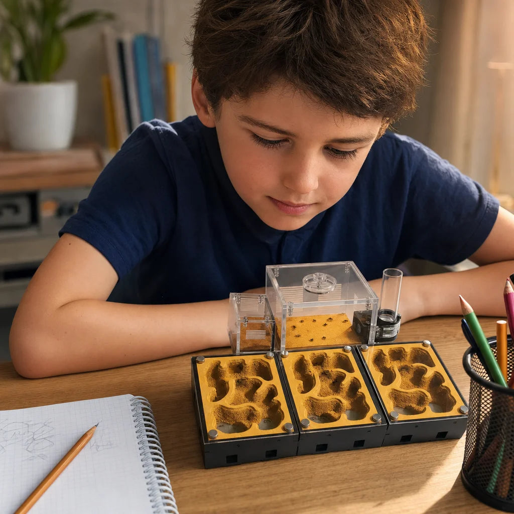 Modular ant farm in use with active colony in gypsum nest chamber