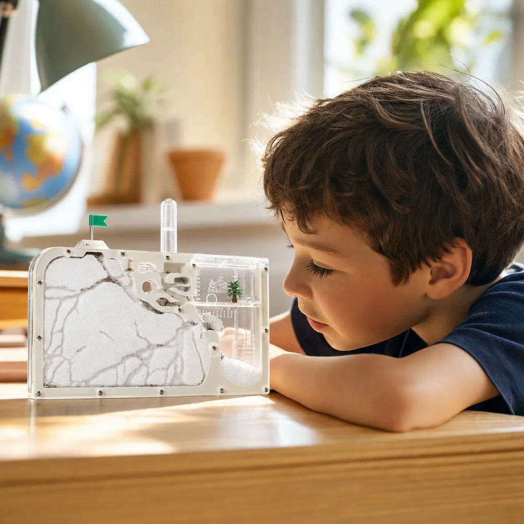 Educational ant farm in use on a desk, ants digging tunnels through white sand