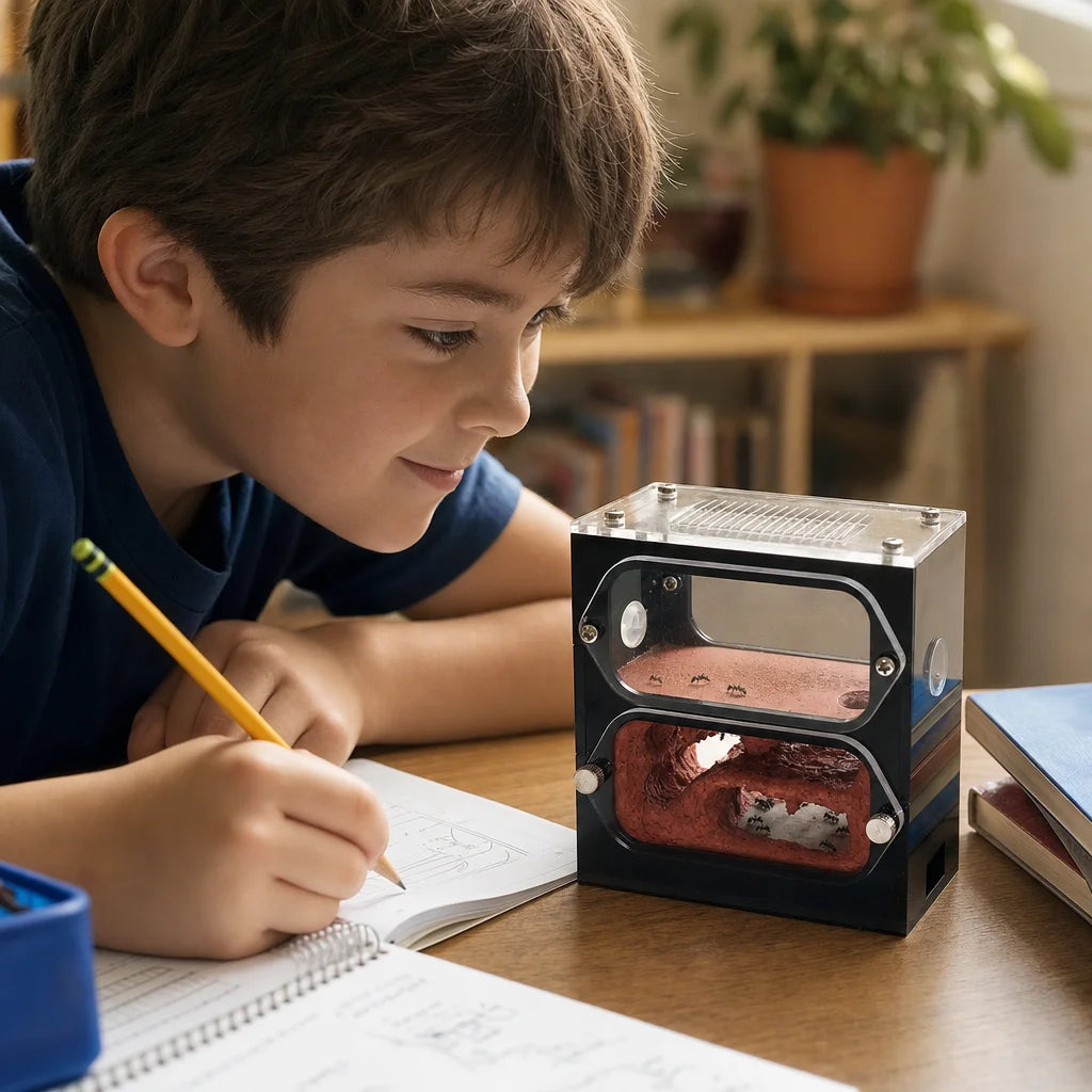 Concrete ant farm in use on a desk with a founding ant colony inside