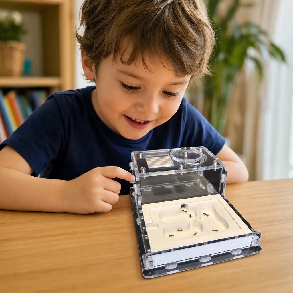 Child observing living ant colony through clear plaster nest acrylic panel