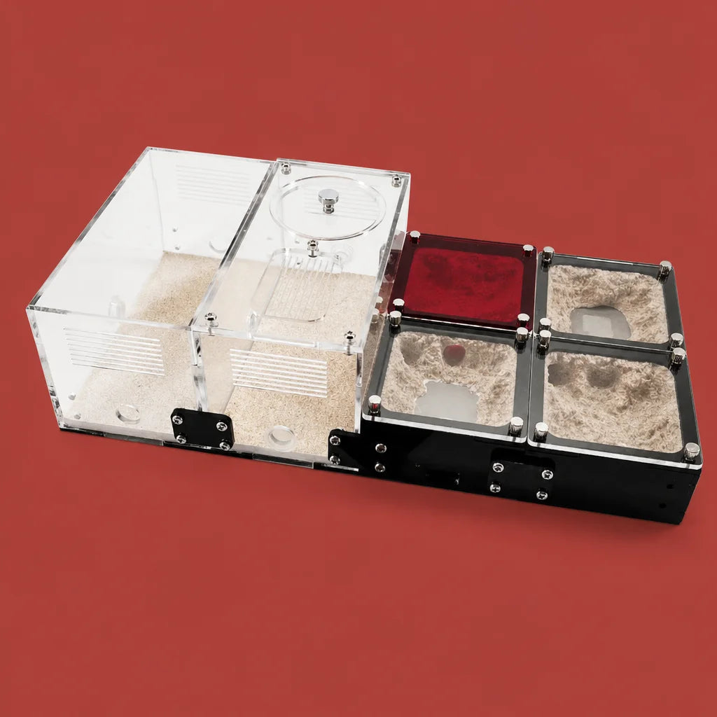 Concrete expandable ant farm formicarium with hunting area and water tower, front view