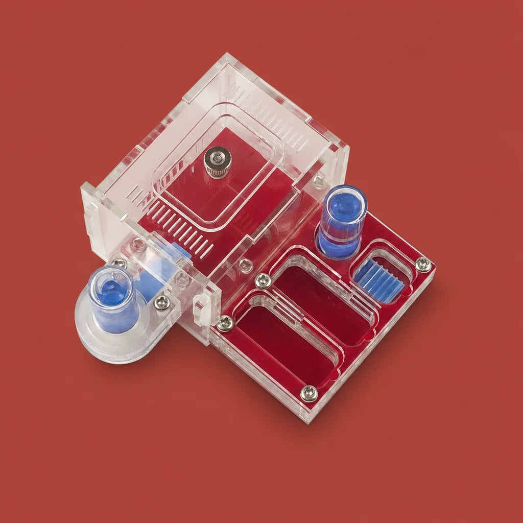 Clear acrylic ant farm nest with horizontal tunnel design, front view