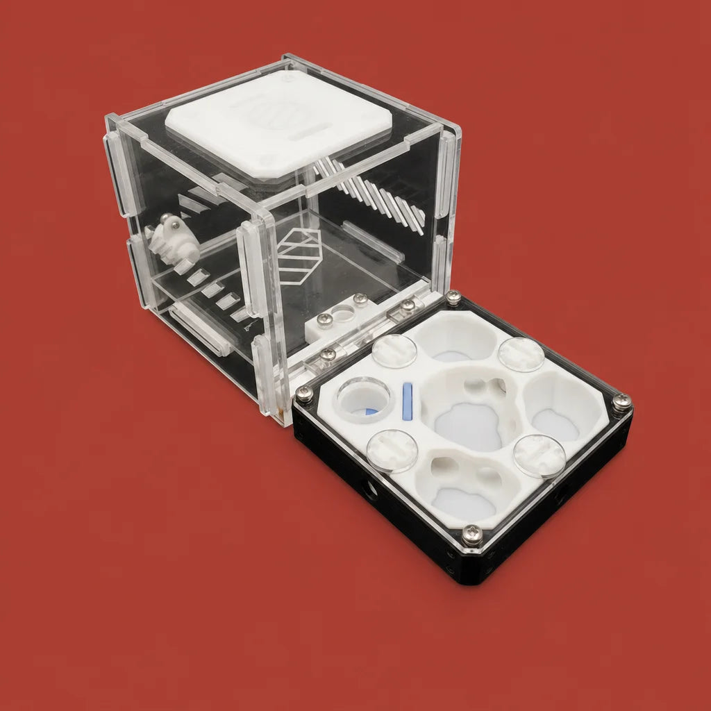 Acrylic modular ant nest full set packshot, clear PMMA with 3D-printed galleries