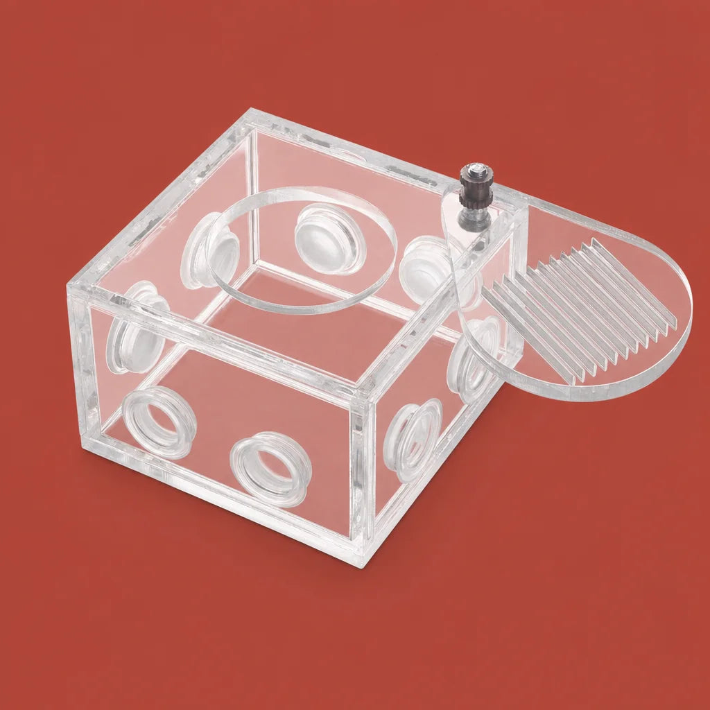 Transparent acrylic ant activity area connected to test tube nest, front view