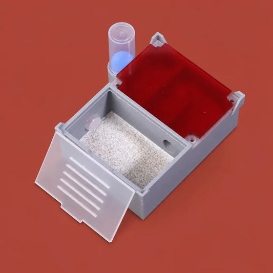 Quartet layout ant farm with four separate chambers, front view, transparent plastic, 8x7.7x3.3 cm