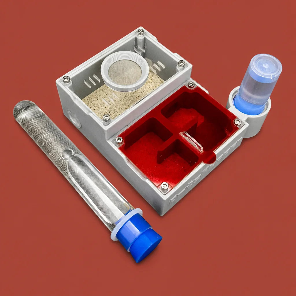 AntsKeeper 4-room ant farm with dry-wet separation, front view showing four chambers and hard sand substrate