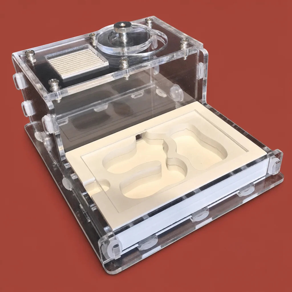 Mini flat plaster ant nest white clear acrylic top assembled front view