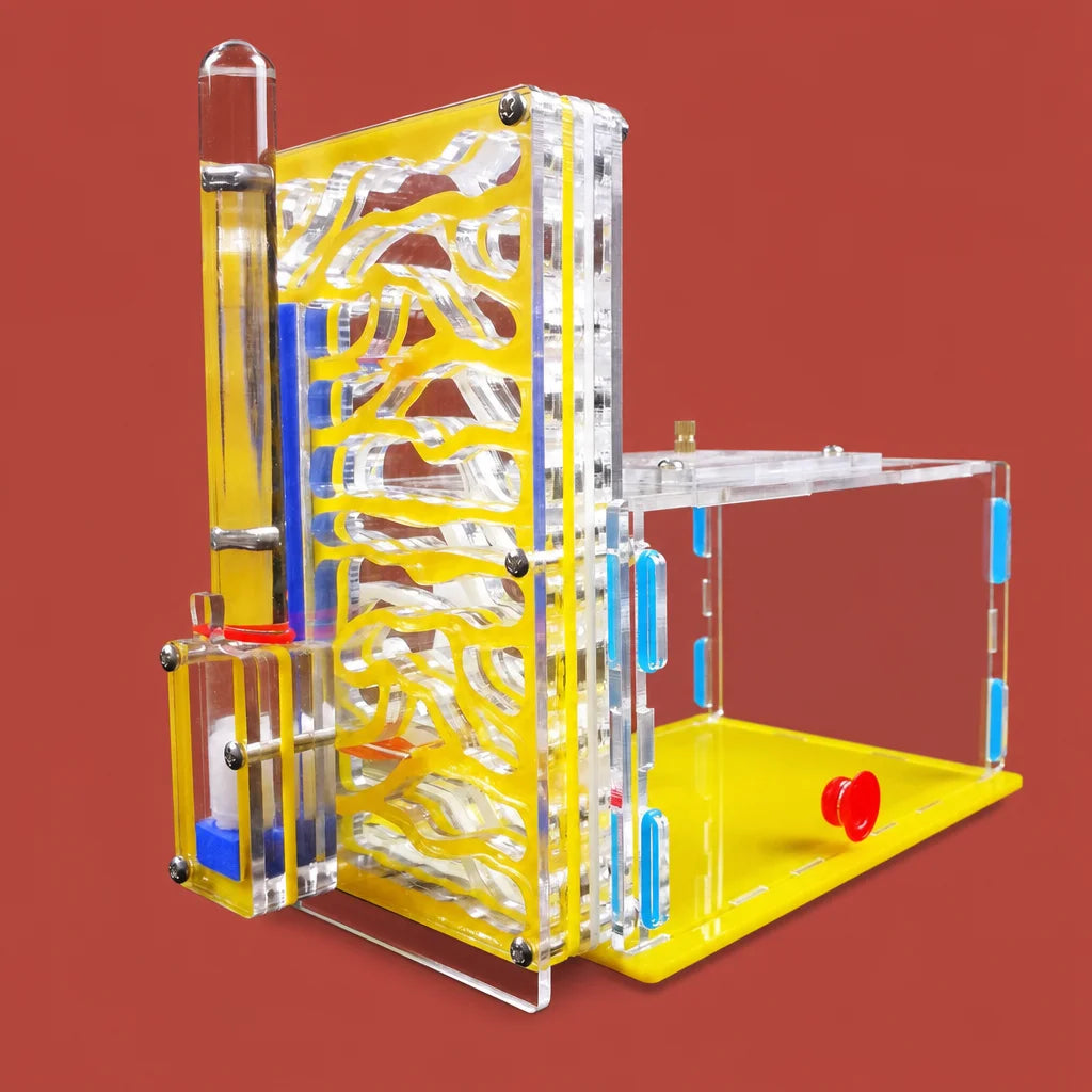 Dual-chamber ant farm with water tower and external feeding bowl, yellow, 190mm
