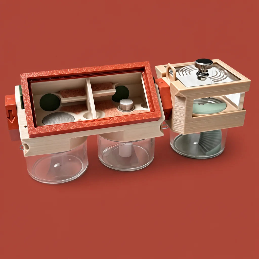 3D ant farm with water tower complete set, acrylic shell and red panel, front view