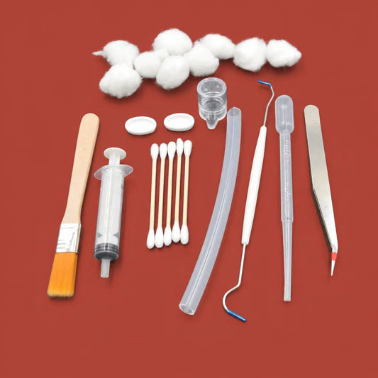 10-piece ant farm tools kit with water feeder, syringe and tweezers laid out on white background