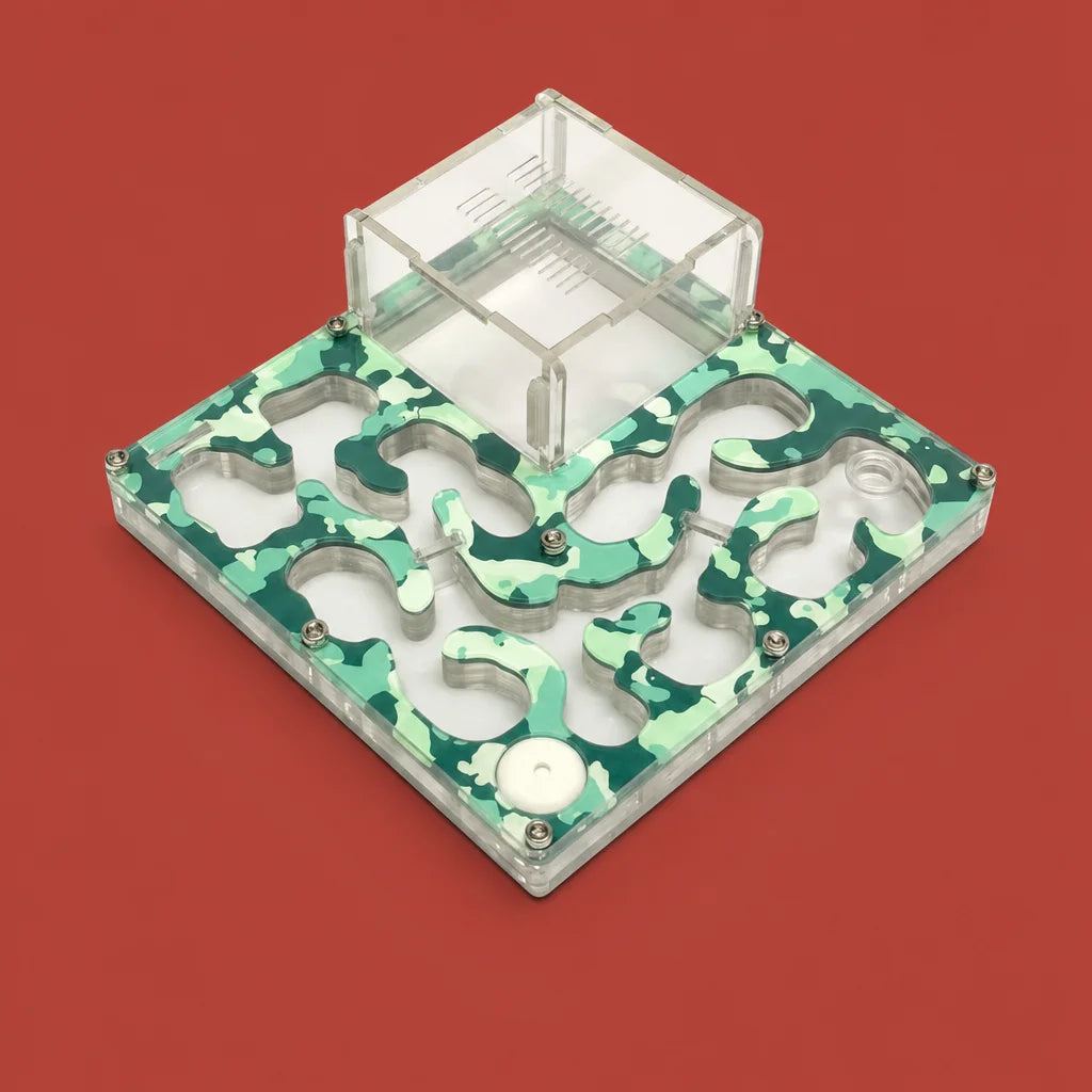 Camouflage acrylic ant farm formicarium front view showing tunnel network
