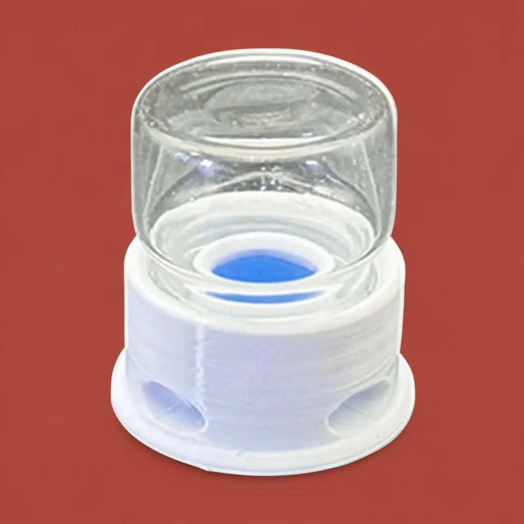 Clear 12ml ant water feeder with stepped drowning-prevention interior, white base